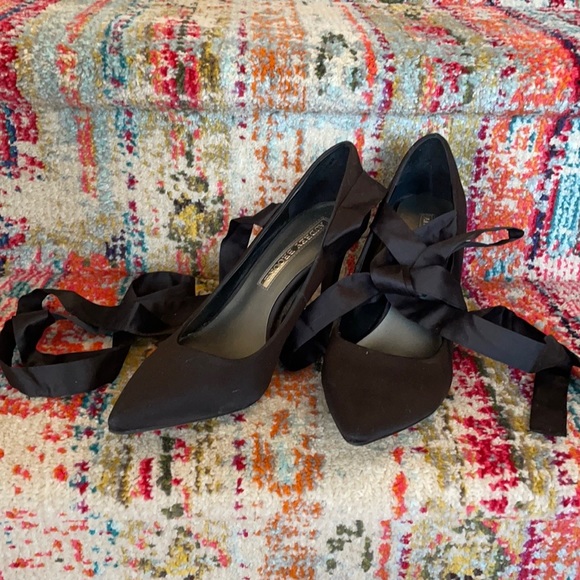Audrey Brooke Shoes - AUDREY BROOKE Black Satin Pumps Ribbon Ankle TieUp